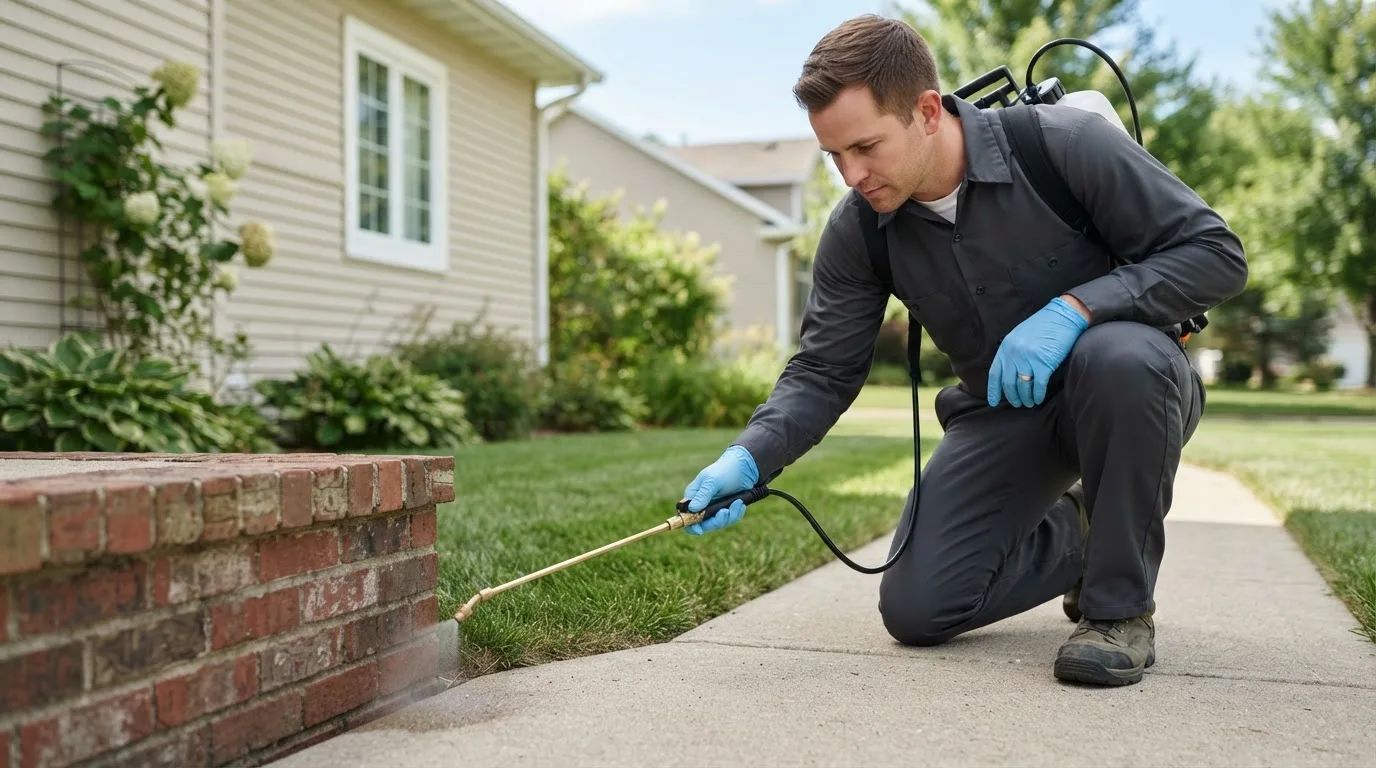 Pest control technician treating a home near Reeves, LA